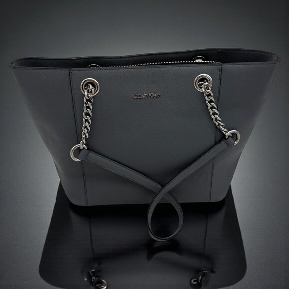 Calvin Klein Handbags - Calvin Klein Black Leather Tote Bag With Chain Straps & Magnetic Closures